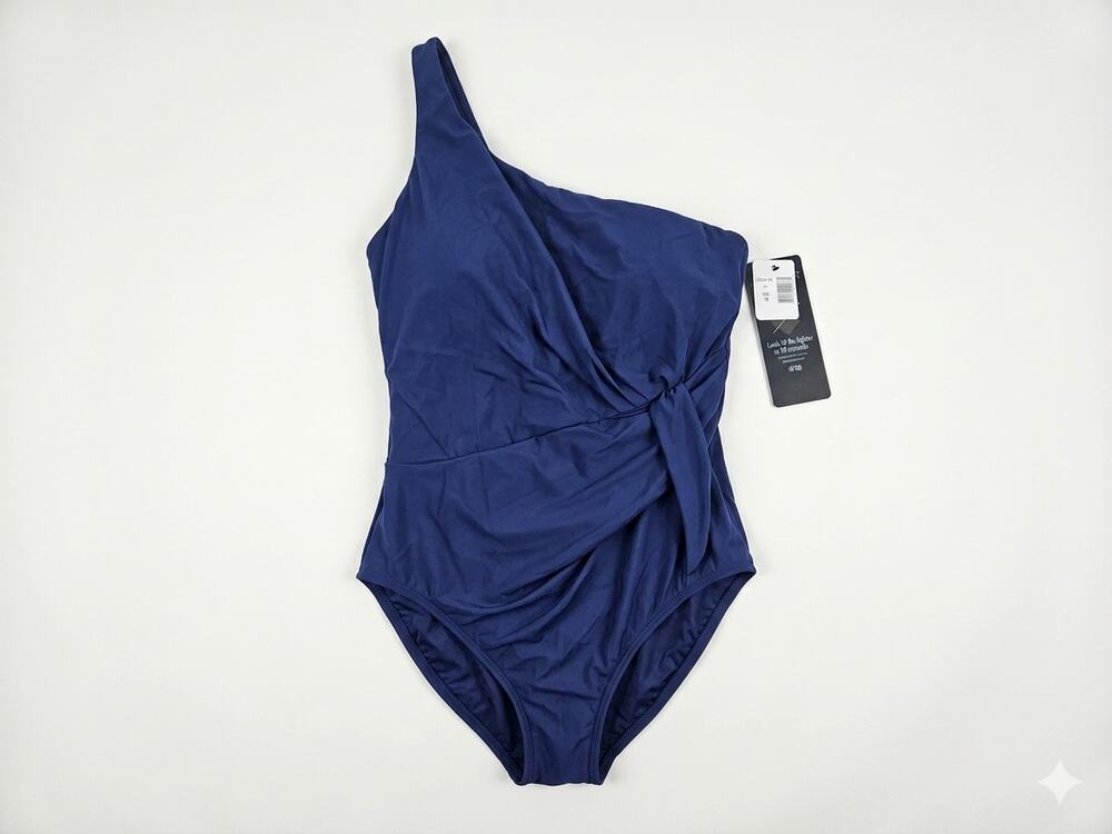 NEW Miraclesuit 16 Navy Blue One Shoulder Slimming Swimsuit Coastal Talbots